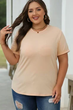 Sale Dear-Lover Casual Plain Crew Neck Tee Khaki