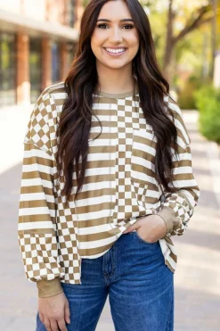 Outlet Dear-Lover Checkerboard Striped Patchwork Lantern Sleeve Pocketed Blouse Khaki
