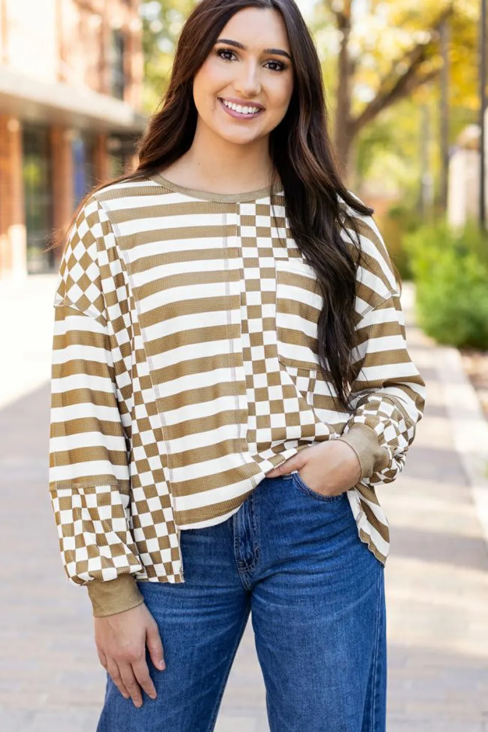 Outlet Dear-Lover Checkerboard Striped Patchwork Lantern Sleeve Pocketed Blouse Khaki