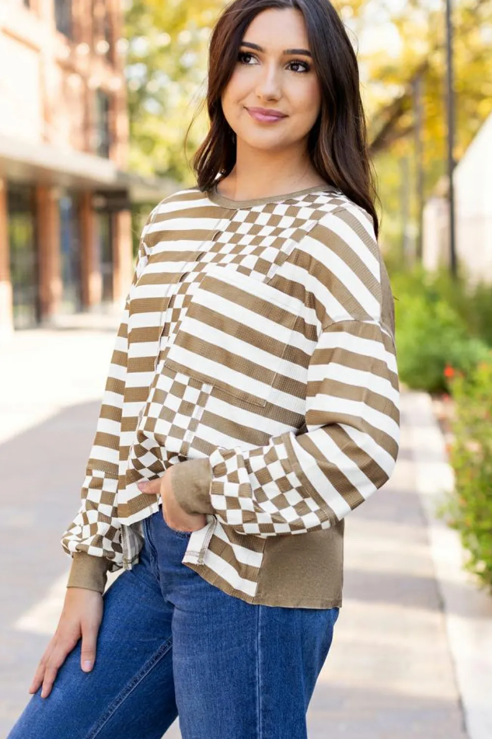 Outlet Dear-Lover Checkerboard Striped Patchwork Lantern Sleeve Pocketed Blouse Khaki