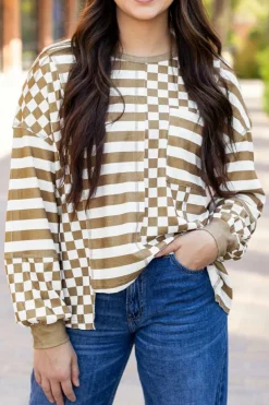 Outlet Dear-Lover Checkerboard Striped Patchwork Lantern Sleeve Pocketed Blouse Khaki