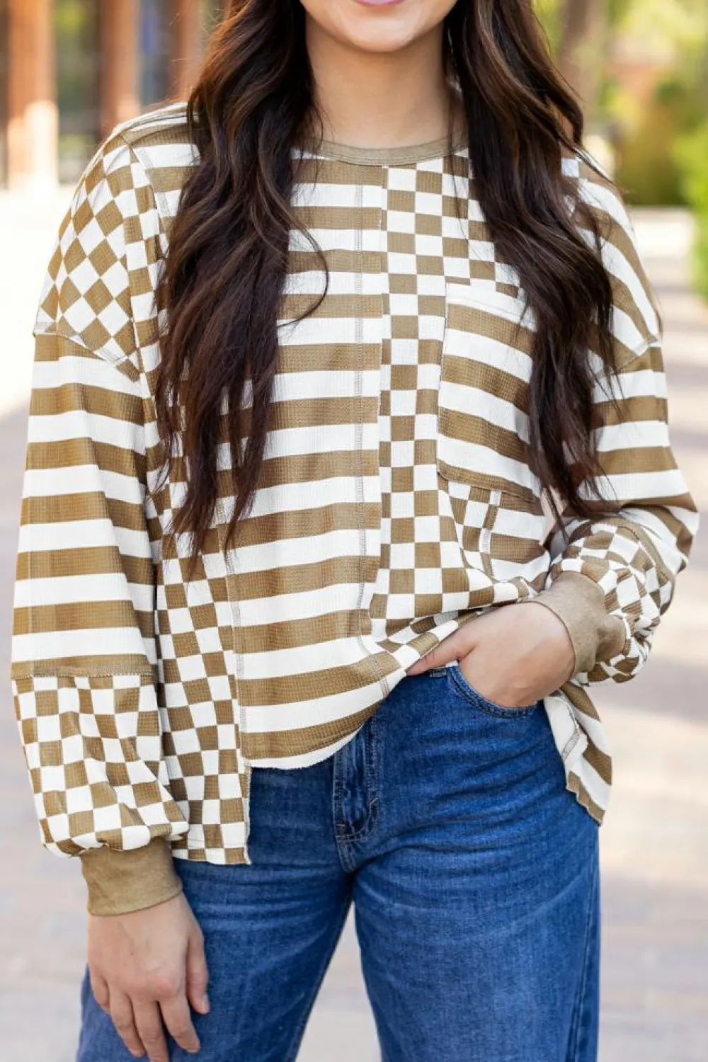 Outlet Dear-Lover Checkerboard Striped Patchwork Lantern Sleeve Pocketed Blouse Khaki