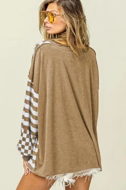 Outlet Dear-Lover Checkerboard Striped Patchwork Lantern Sleeve Pocketed Blouse Khaki