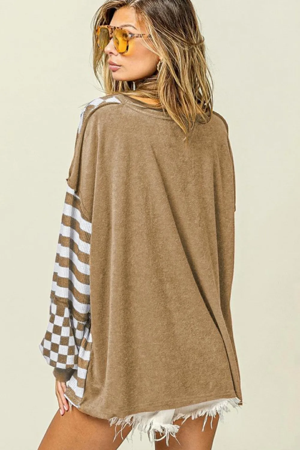 Outlet Dear-Lover Checkerboard Striped Patchwork Lantern Sleeve Pocketed Blouse Khaki