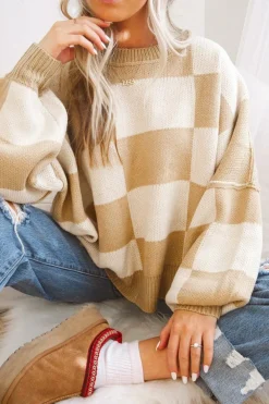 Discount Dear-Lover Checkered Bishop Sleeve Sweater Khaki