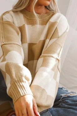 Discount Dear-Lover Checkered Bishop Sleeve Sweater Khaki
