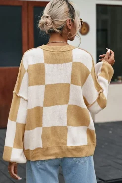 Discount Dear-Lover Checkered Bishop Sleeve Sweater Khaki