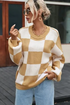 Discount Dear-Lover Checkered Bishop Sleeve Sweater Khaki