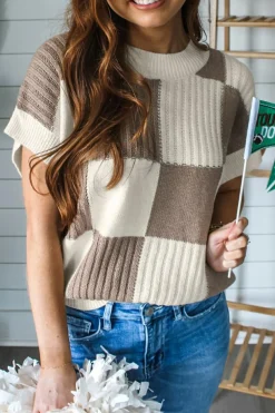 Outlet Dear-Lover Checkered Color Block Crew Neck Short Sleeve Sweater Khaki