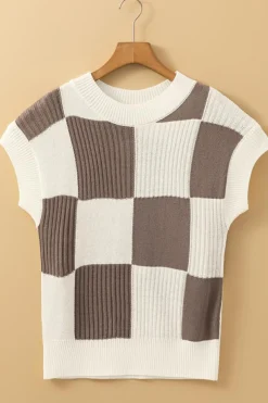 Outlet Dear-Lover Checkered Color Block Crew Neck Short Sleeve Sweater Khaki