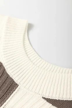 Outlet Dear-Lover Checkered Color Block Crew Neck Short Sleeve Sweater Khaki