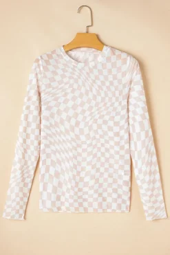 New Dear-Lover Checkered Pattern Mesh Mock Neck Long Sleeve Top Khaki