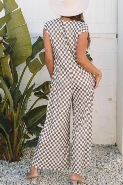 Best Dear-Lover Checkered Print Buttoned Crew Neck Wide Leg Jumpsuit Khaki