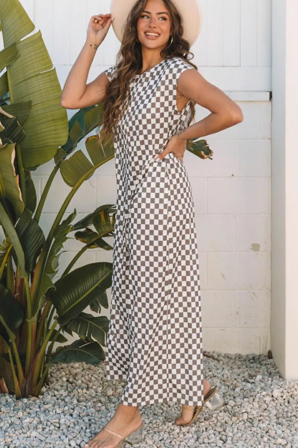 Best Dear-Lover Checkered Print Buttoned Crew Neck Wide Leg Jumpsuit Khaki