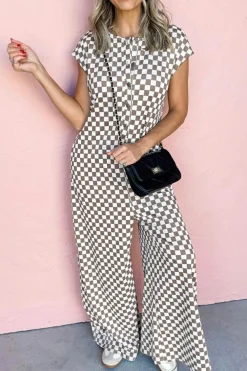 Best Dear-Lover Checkered Print Buttoned Crew Neck Wide Leg Jumpsuit Khaki