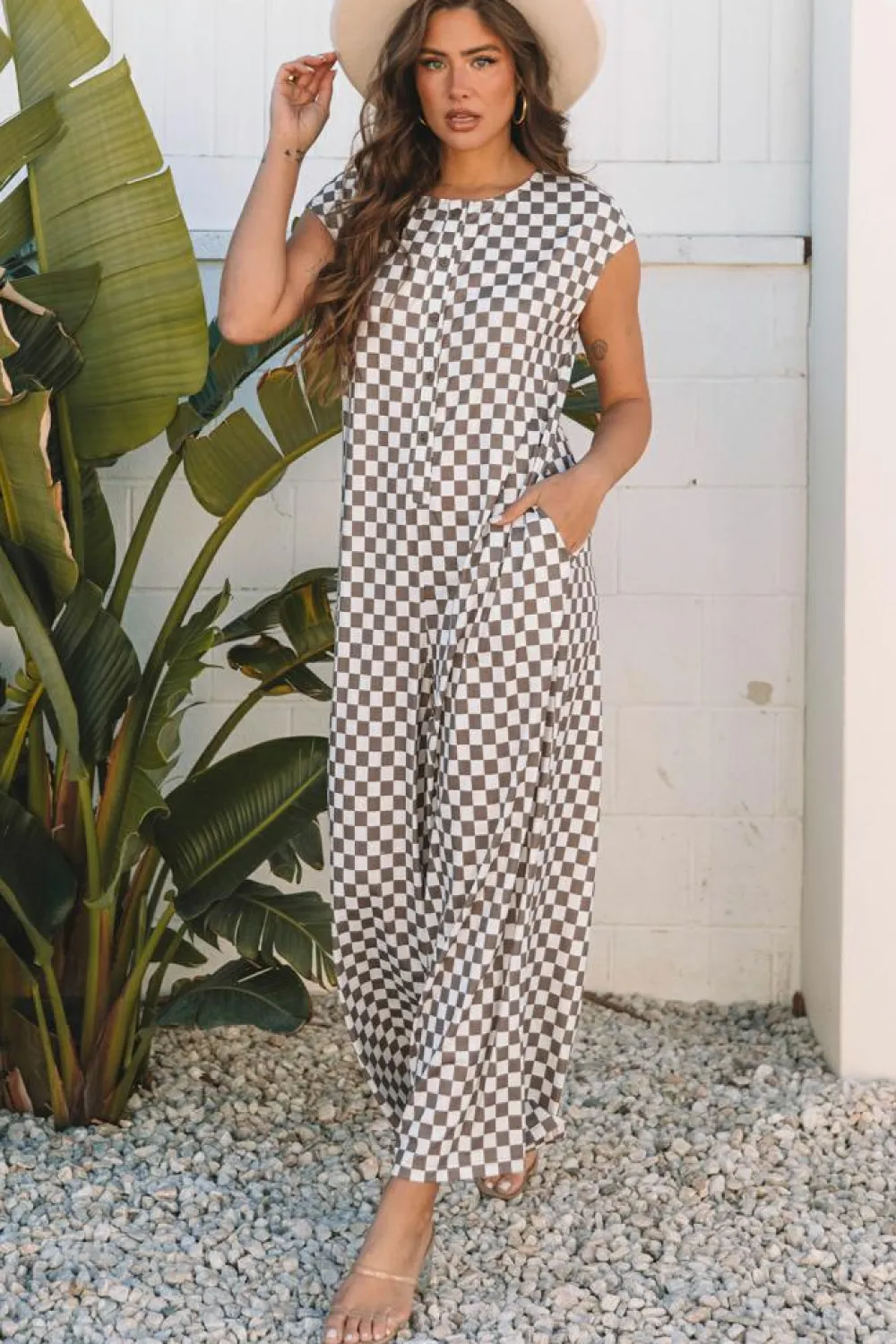 Best Dear-Lover Checkered Print Buttoned Crew Neck Wide Leg Jumpsuit Khaki