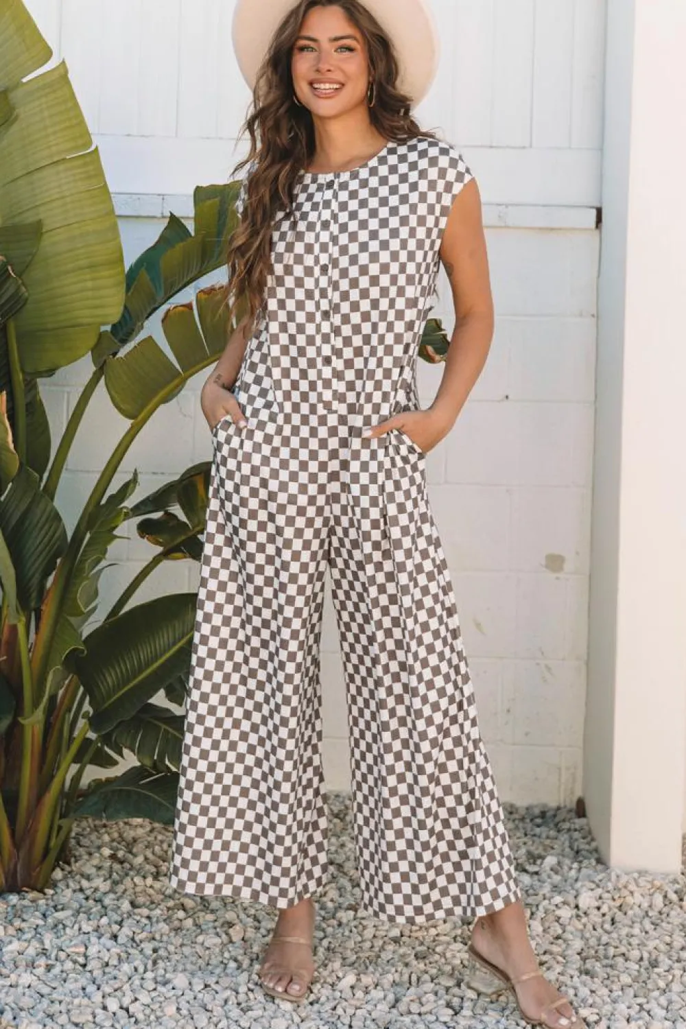 Best Dear-Lover Checkered Print Buttoned Crew Neck Wide Leg Jumpsuit Khaki
