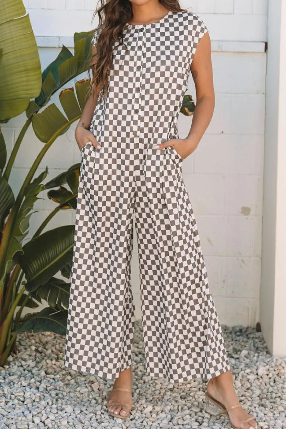 Best Dear-Lover Checkered Print Buttoned Crew Neck Wide Leg Jumpsuit Khaki