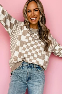 Outlet Dear-Lover Checkered Print Drop Shoulder Round Neck Sweater Khaki