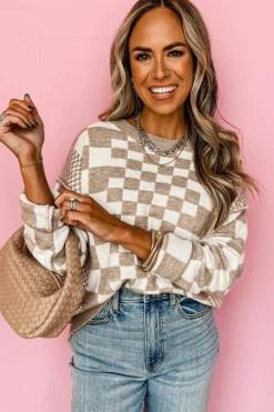 Outlet Dear-Lover Checkered Print Drop Shoulder Round Neck Sweater Khaki