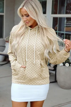 Fashion Dear-Lover Checkered Print Kangaroo Pocket Drawstring Hoodie Khaki