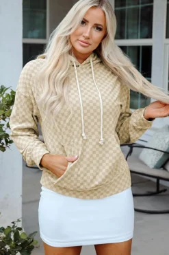 Fashion Dear-Lover Checkered Print Kangaroo Pocket Drawstring Hoodie Khaki