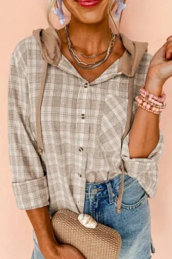 Sale Dear-Lover Checkered Print Loose Fit Buttoned Hooded Shacket Khaki