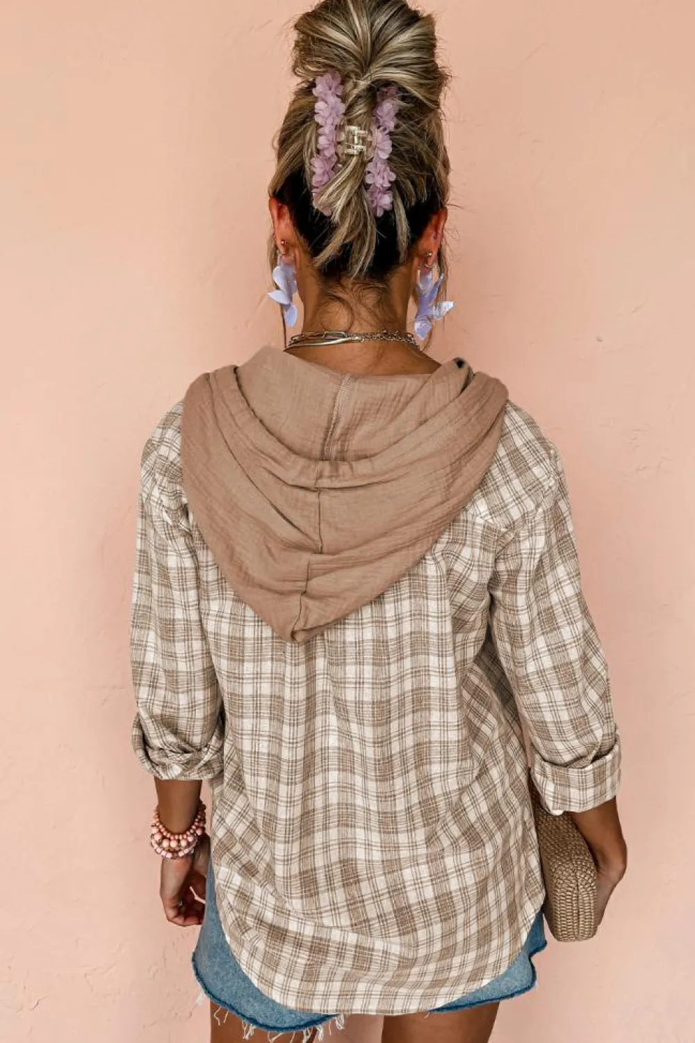 Sale Dear-Lover Checkered Print Loose Fit Buttoned Hooded Shacket Khaki