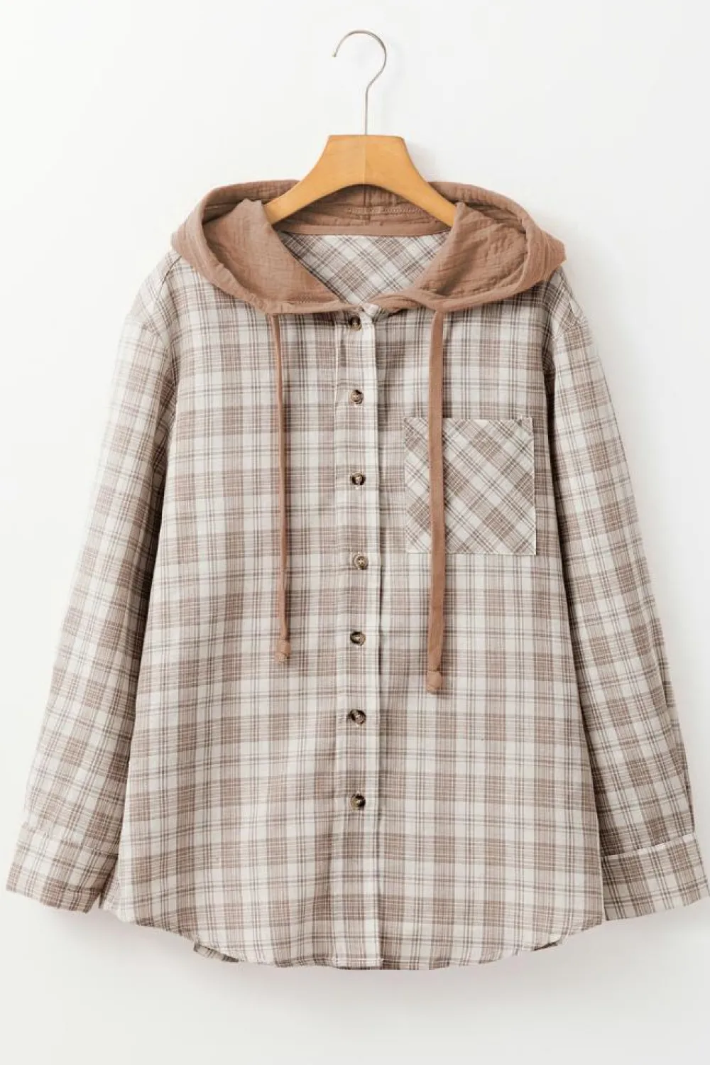 Sale Dear-Lover Checkered Print Loose Fit Buttoned Hooded Shacket Khaki