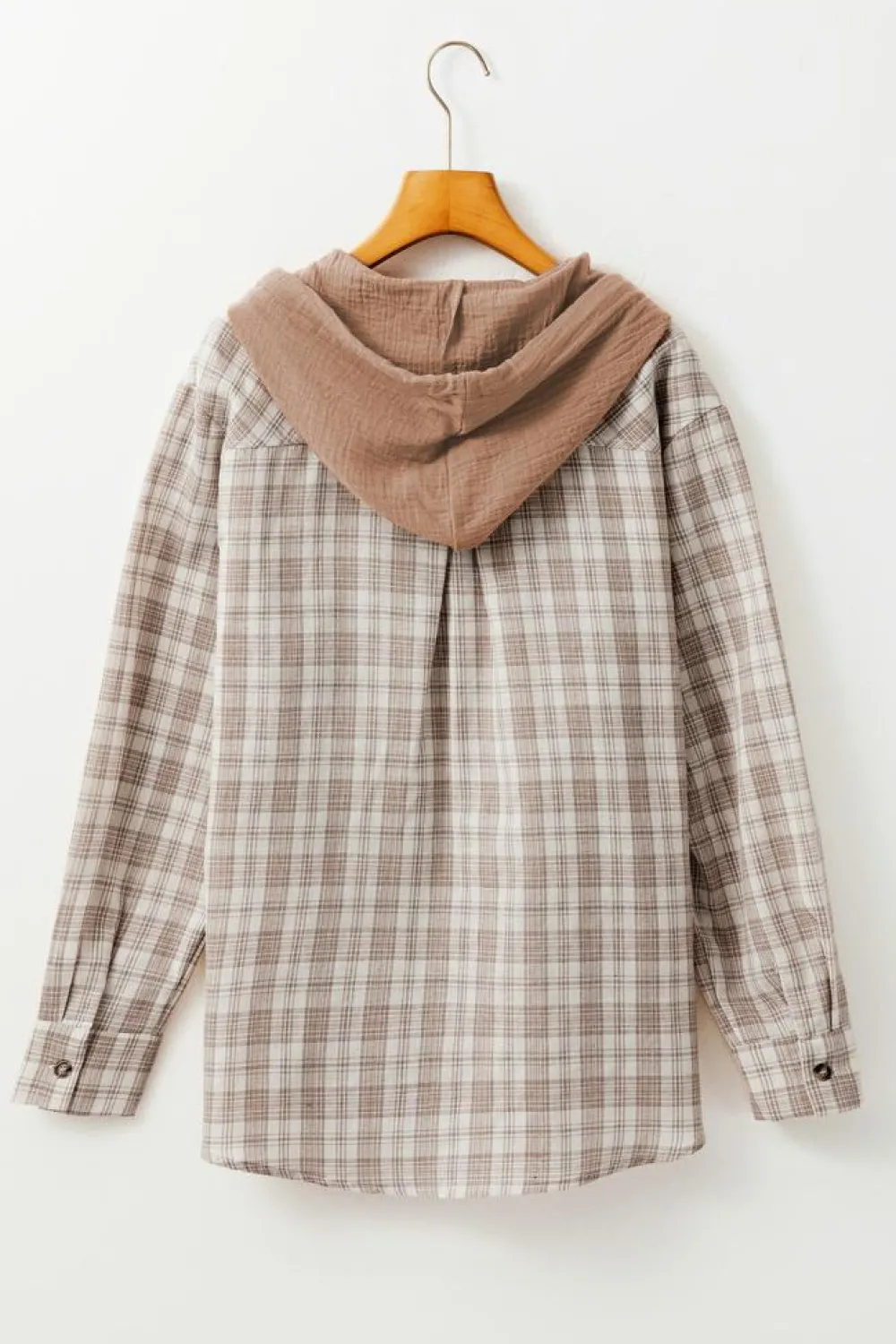 Sale Dear-Lover Checkered Print Loose Fit Buttoned Hooded Shacket Khaki