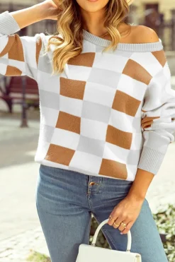 Online Dear-Lover Checkered Ribbed Edge O Neck Drop Shoulder Sweater Khaki