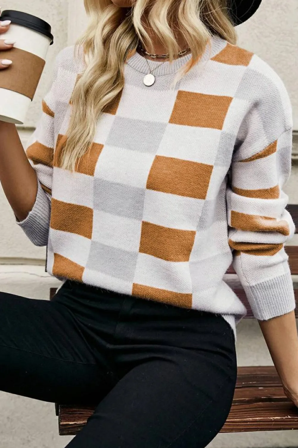 Online Dear-Lover Checkered Ribbed Edge O Neck Drop Shoulder Sweater Khaki