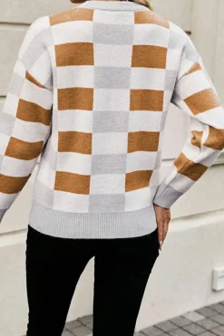 Online Dear-Lover Checkered Ribbed Edge O Neck Drop Shoulder Sweater Khaki