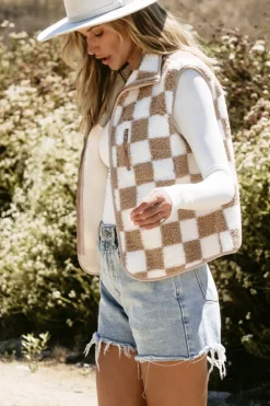 Fashion Dear-Lover Checkered Sherpa Collared Jacket Vest Khaki