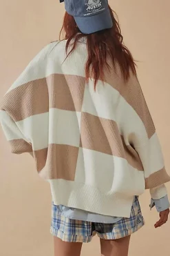 Clearance Dear-Lover Checkered Side Slits Drop Shoulder Oversized Sweater Khaki