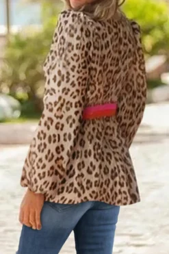 Fashion Dear-Lover Cheetah Color Block V Neck Balloon Sleeve Babydoll Blouse Khaki