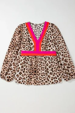Fashion Dear-Lover Cheetah Color Block V Neck Balloon Sleeve Babydoll Blouse Khaki