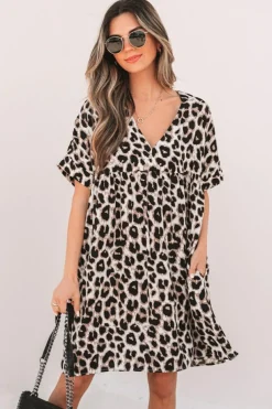 Outlet Dear-Lover Cheetah Print Backless V Neck Loose Fit Mini Dress Khaki