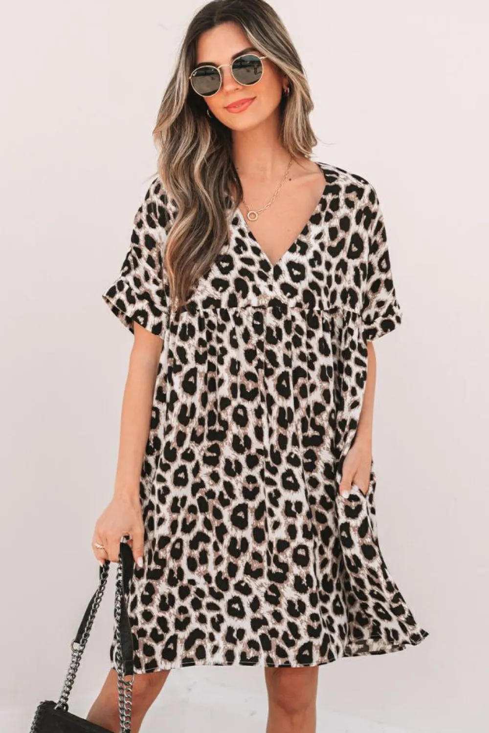 Outlet Dear-Lover Cheetah Print Backless V Neck Loose Fit Mini Dress Khaki