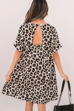 Outlet Dear-Lover Cheetah Print Backless V Neck Loose Fit Mini Dress Khaki