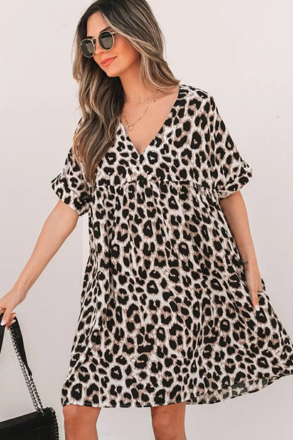 Outlet Dear-Lover Cheetah Print Backless V Neck Loose Fit Mini Dress Khaki
