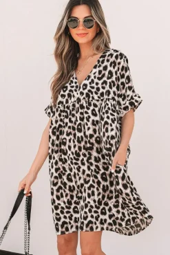 Outlet Dear-Lover Cheetah Print Backless V Neck Loose Fit Mini Dress Khaki