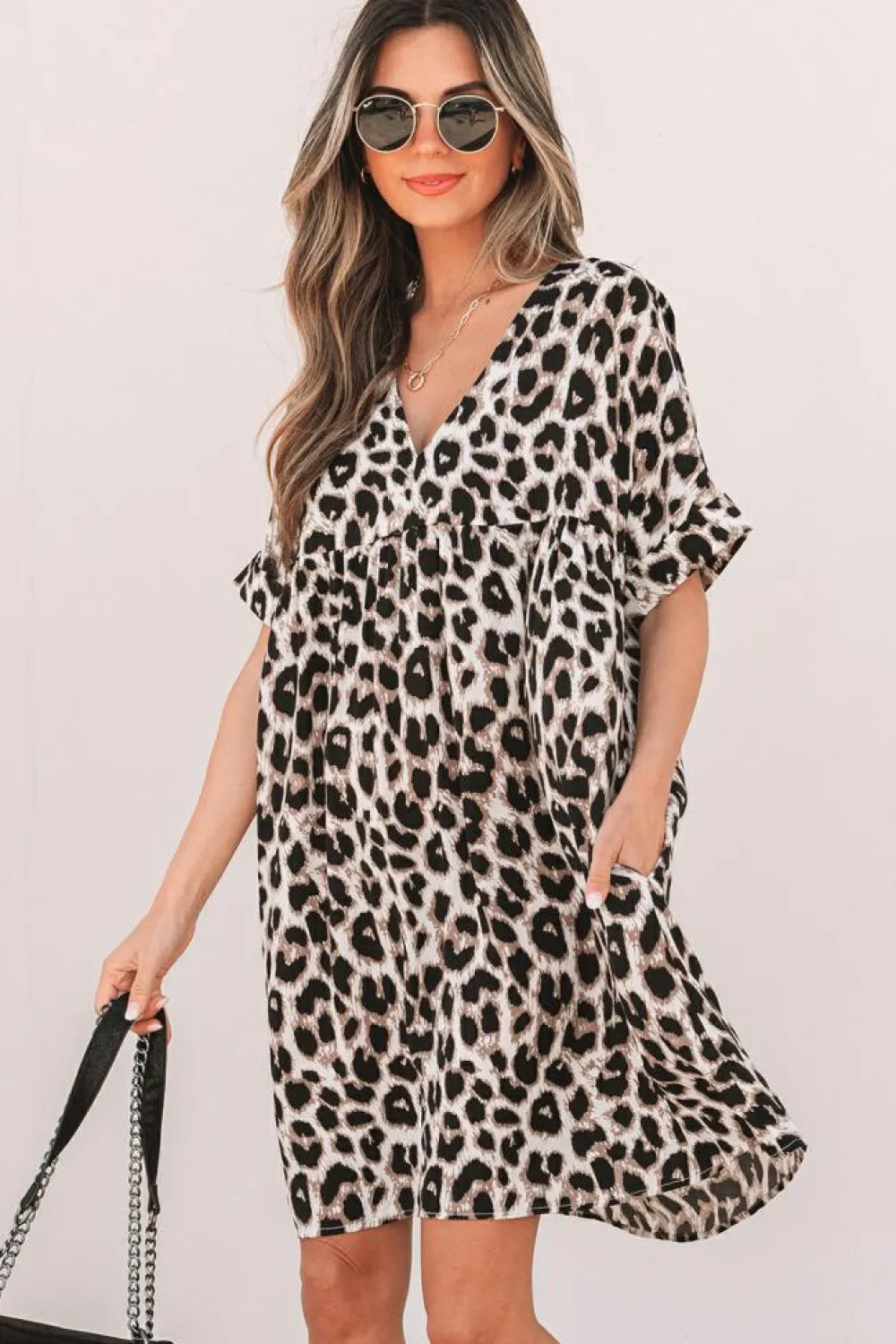 Outlet Dear-Lover Cheetah Print Backless V Neck Loose Fit Mini Dress Khaki