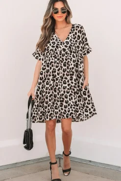 Outlet Dear-Lover Cheetah Print Backless V Neck Loose Fit Mini Dress Khaki