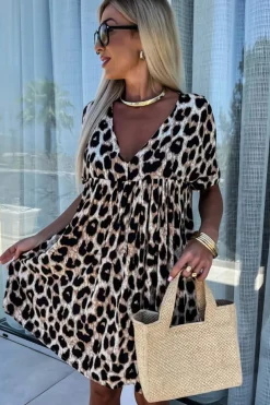 Outlet Dear-Lover Cheetah Print Backless V Neck Loose Fit Mini Dress Khaki