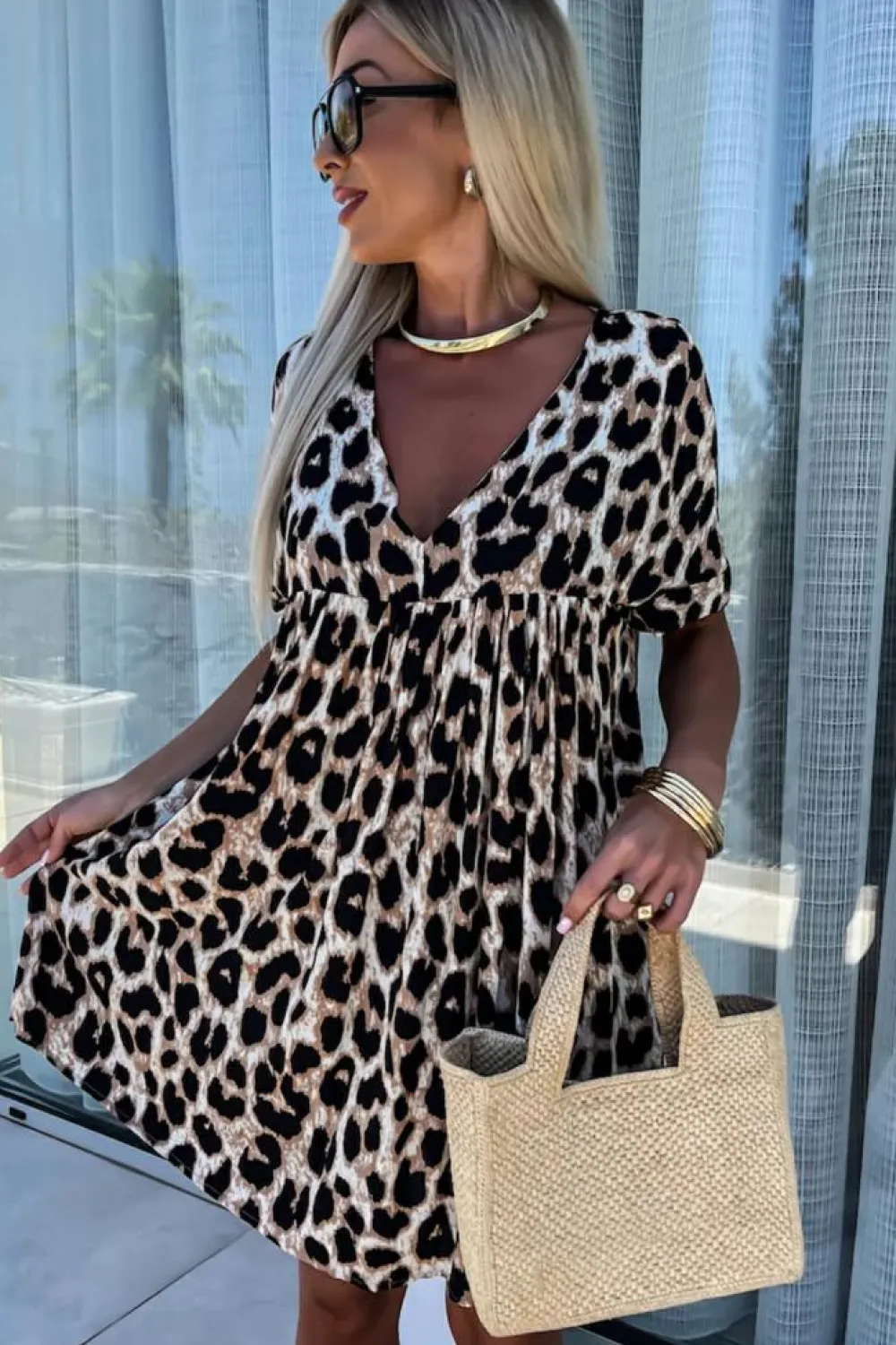 Outlet Dear-Lover Cheetah Print Backless V Neck Loose Fit Mini Dress Khaki