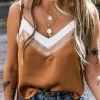 Outlet Dear-Lover Chevron Color Block Spaghetti Straps Tank Top Khaki