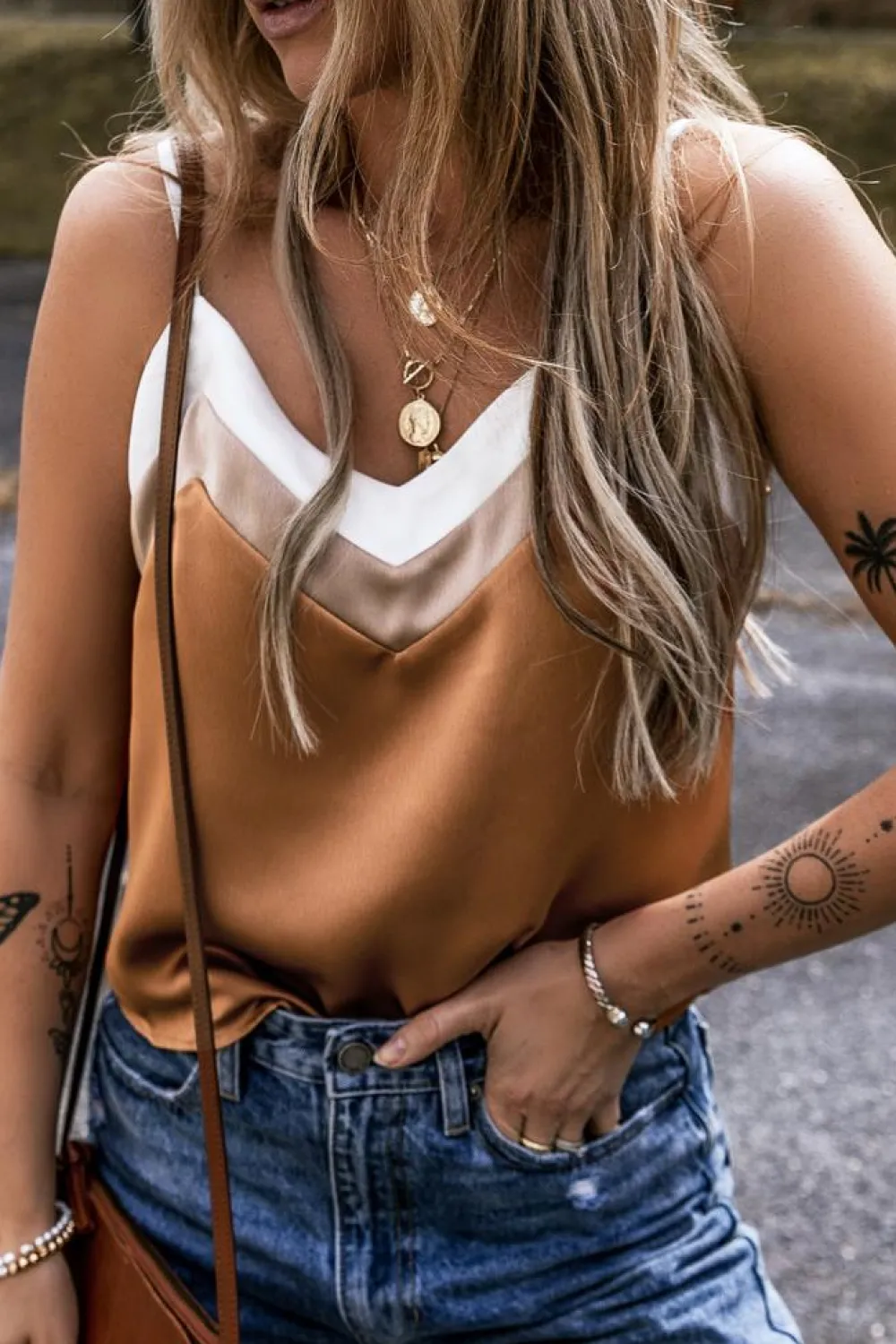 Outlet Dear-Lover Chevron Color Block Spaghetti Straps Tank Top Khaki