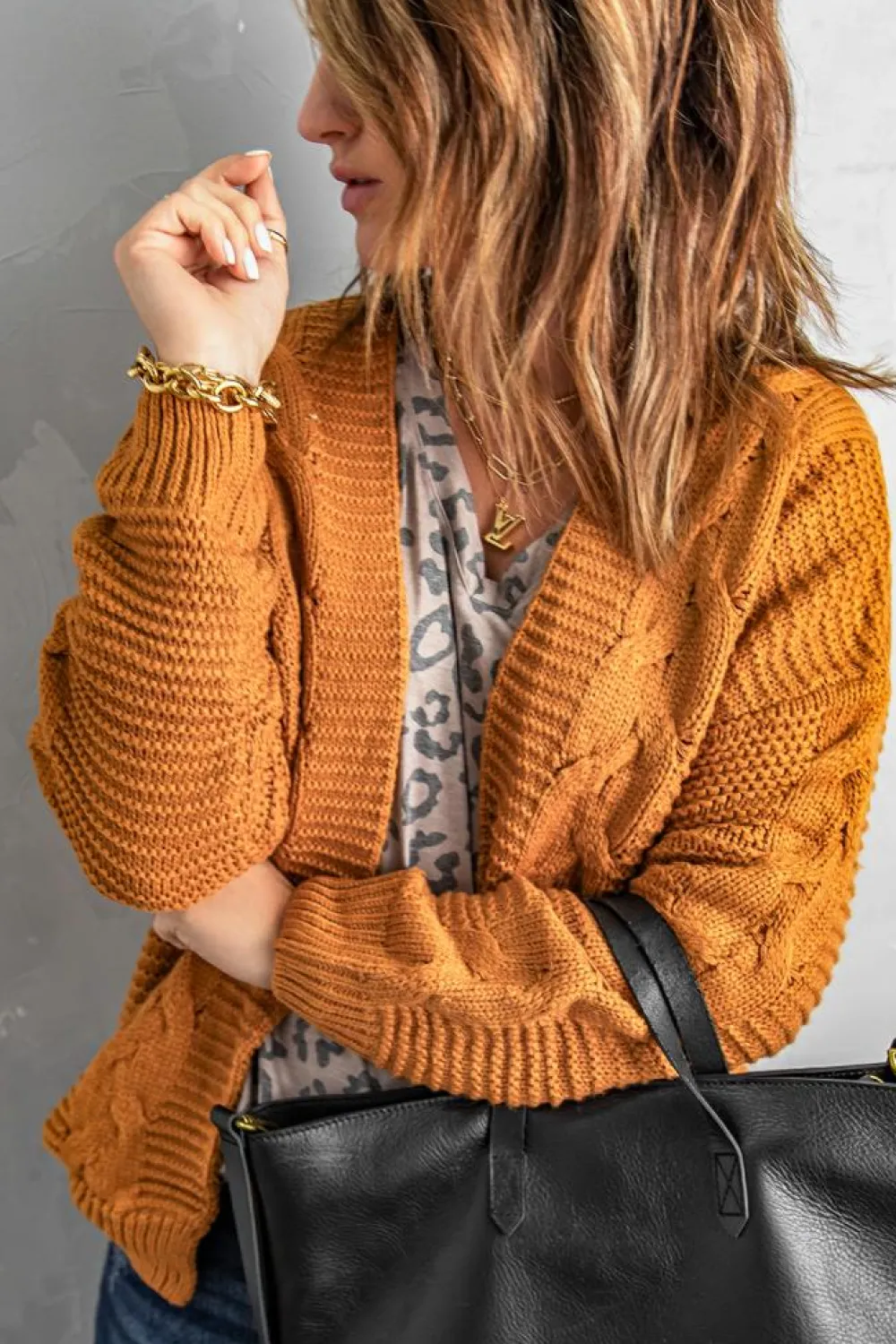 Fashion Dear-Lover Khaki Chunky Wide Long Sleeve Knit Cardigan Yellow Brown