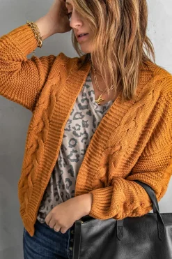 Fashion Dear-Lover Khaki Chunky Wide Long Sleeve Knit Cardigan Yellow Brown